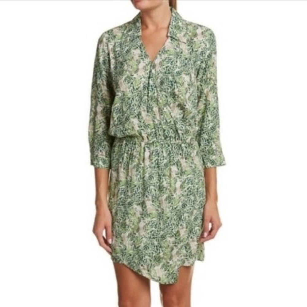 CAbi Green Tropical Floral Leaf 3/4 Sleeve V-Neck Collar Faux Wrap Dress Medium